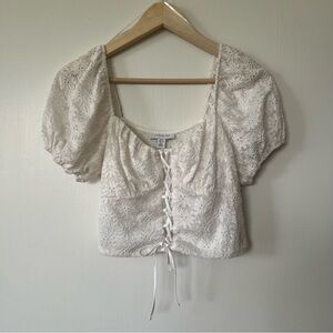 Topshop Lacey White Puff Sleeve Ruched Crop Blouse
